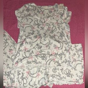 Laura Ashley White Top with Gray Floral Vine and Pink Ribbon Accents